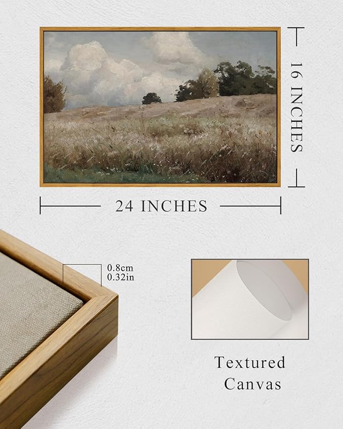 InSimSea Framed Canvas Wall Art Vintage Decor, Farmhouse Scenery Vast Field Grassland Paintings, Large Prints, Nature Landscape Wall Decoration for Living Room Bedroom Bathroom Home Decor, 16