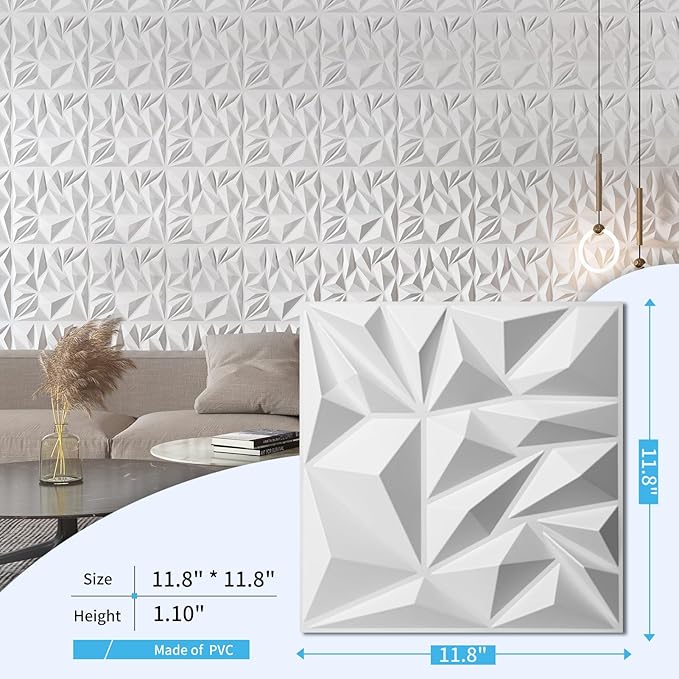 Art3d 33-Pack 3D Wall Panels for Interior Wall Decor, Modern Diamond Textured Accent Wall Paneling for Gaming Living Room TV Wall Background, 12 x 12 inch White, A10342