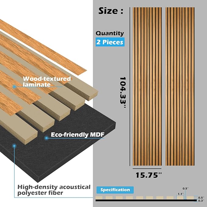 Art3d 2pcs-104 x 15.75in Slat Acoustic Panel for Wall and Ceiling, 3D Fluted Sound Absorbing Panel with Wood Finish, Teak
