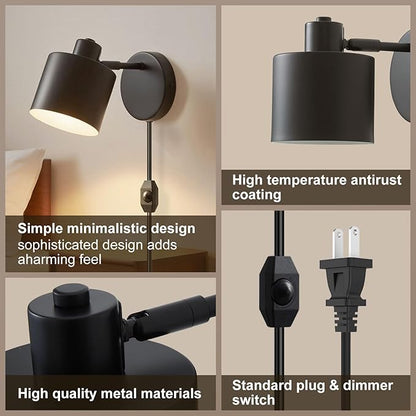 LIGHTESS Plug in Wall Sconces Set of 2 with Switch, 350° Rotatable Dimmable Corded Wall Sconce, Black Wall Lamps for Bedroom Living Room Hallway Kitchen Bedside (Bulb Not Included)