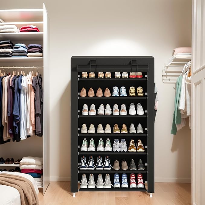 Laiensia 7-Tier Vertical Shoe Rack Organizer, Space Saving Shoe Storage Organizer, Non-Woven Cover Shoe Shelf Holds 28-35Pairs for Bedroom, Hallway, Closet Entryway, Black