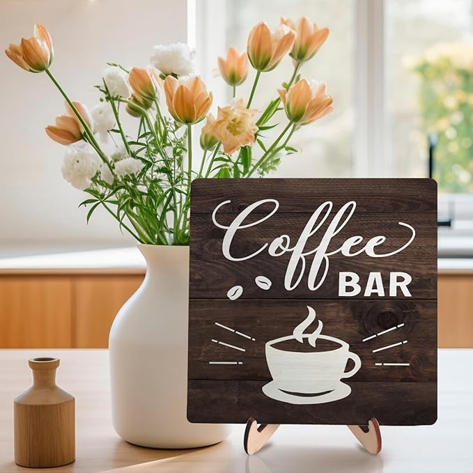 Funny Coffee Bar Decor Sign – Rustic Wooden Plaque for Coffee Station, Farmhouse Cafe Shelf Accessories, Desk or Kitchen Counter Decor,Birthday,Mother Day Gift 5.9 x 5.9 Inch (Brown)