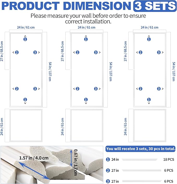 KESHWELL Premade Wall Panels,6 Frame Wall Panels for Interior Wall Decor,Accent Molding Kit,Pre-Cut Wainscoting Panels,Wall Molding Trim for Home Bedroom Livingroom Decor (6 Set,54 x 24'',24x24'')