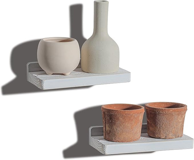 Freezing point Small Floating Shelves for Wall Set of 2 Natural Wood 8Inch Mini Wall Shelf Decor Plant Display Collectibles Mounted Kitchen Bathroom Bedroom Corner Decorative Storage Tiny Stand White