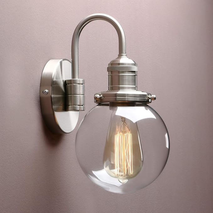 Yosoan 1-Light Vintage Industrial Fixture Light, 5.9'' Round Globe Clear Glass Shade with Elegant Curved Rod Hardwired Wall Sconce for Bathroom Porch Kitchen Living Room Hotel Foyer(Brushed)