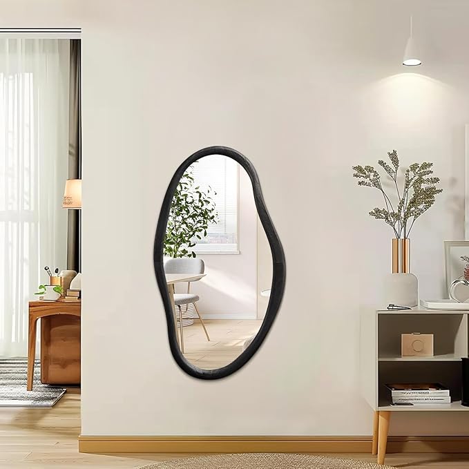 JJUUYOU Irregular Wall Mirror Black Asymmetrical Wooden Mirror 30