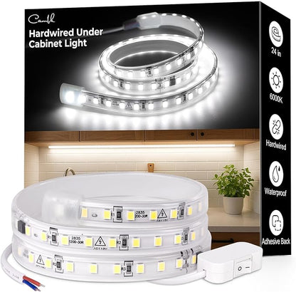 Hardwired Under Cabinet Lighting for Kitchen,24inch120V Wired Undercounter Led Strip Lights 6000K White Waterproof, Luces para Cocina Bajo Gabinete Under Shelf Lights for Sink/Workbench