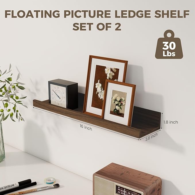 Axeman Floating Shelves | Picture Ledge Shelf Set of 2 | Walnut Wall Shelves with Lip | Walnut Picture Shelf for Wall with Ledge | Photo Ledges 16 Inch