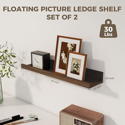 Axeman Floating Shelves | Picture Ledge Shelf Set of 2 | Walnut Wall Shelves with Lip | Walnut Picture Shelf for Wall with Ledge | Photo Ledges 16 Inch