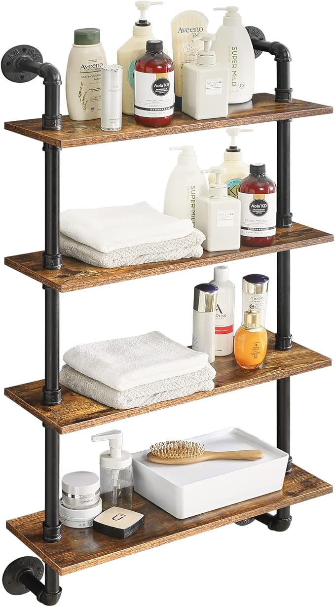 YMYNY Industrial Pipe Shelf Bracket, 4 Tiers Retro Wall Mounted Floating Shelf, Wood DIY Bookshelf, Storage Shelves for Living Room, Bedroom, Office, 24