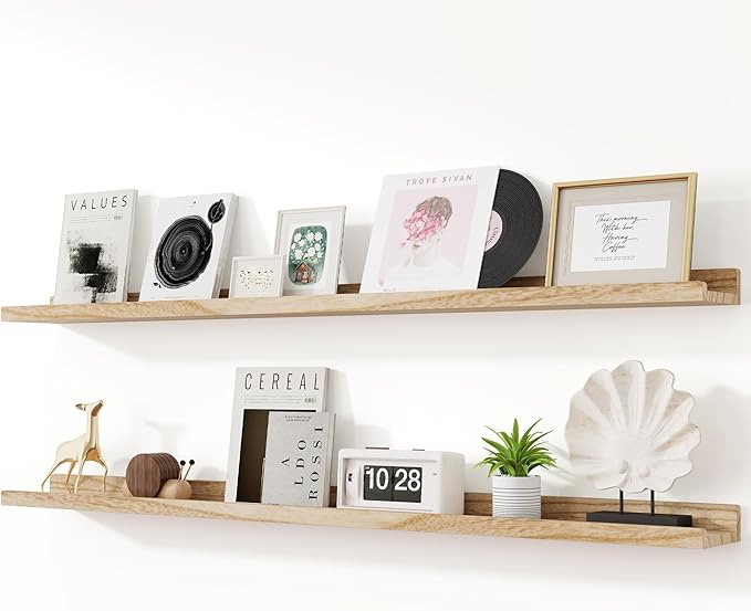RICHFOCUS Floating Shelves for Wall, 55 inch Solid Wood Picture Ledge Shelf for Wall Storage, Nursery Book Shelves with Lip for Living Room Bathroom Bedroom Kitchen, Set of 2, Carbonized Black