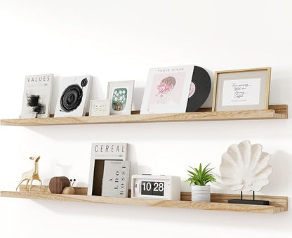 RICHFOCUS Floating Shelves for Wall, 55 inch Solid Wood Picture Ledge Shelf for Wall Storage, Nursery Book Shelves with Lip for Living Room Bathroom Bedroom Kitchen, Set of 2, Carbonized Black
