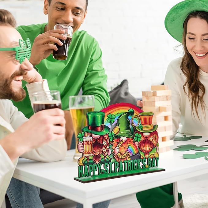 St Patricks Day Decor for Table Irish Green Gnome Decoration Wooden Centerpieces Rustic Farmhouse Sign for Tabletop Home Shelf Office St Patricks Day Party Decoration
