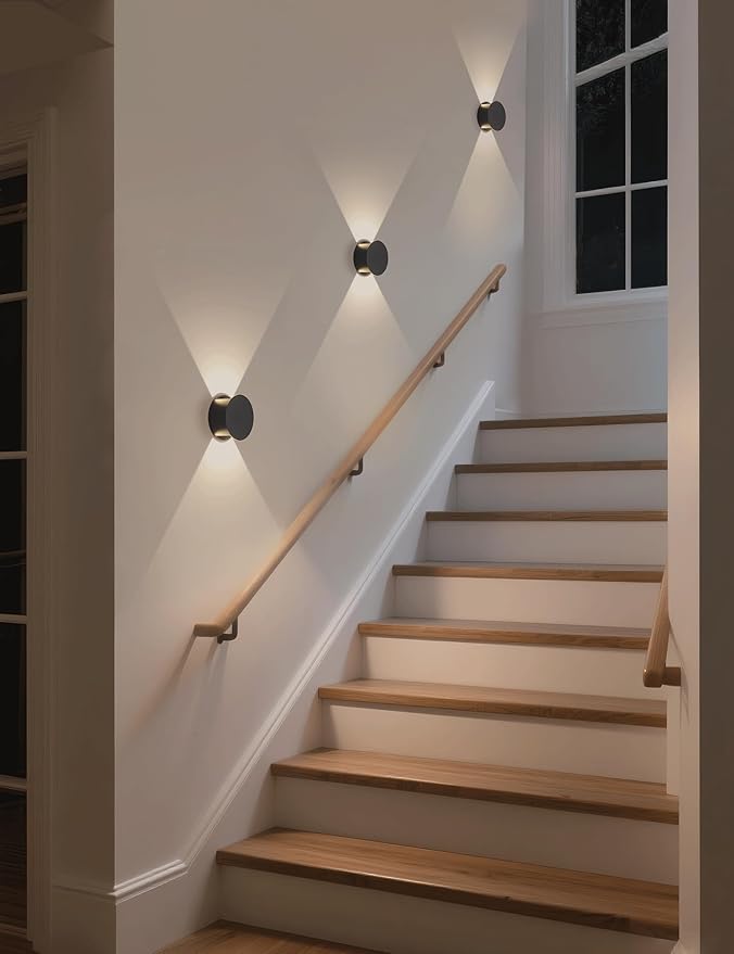 Tubicen LED Wall Sconces Set of 2 Dimmable Home Theater Sconces Beam-Adjustable Up and Down Wall Lights Indoor 6W Black Round Small Wall Sconces for Living Room Bedroom Hallway Stairs Hardwired