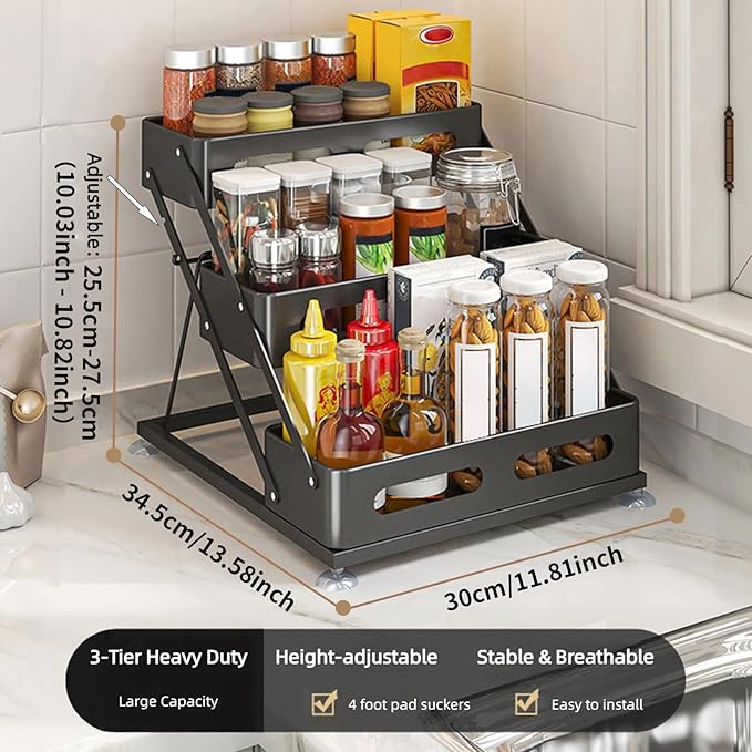 Bokelai Spice Rack for Countertop 3 Tier Foldable Seasoning Organizer Jars Storage Holder Step Shelf for Cabinet Kitchen Black
