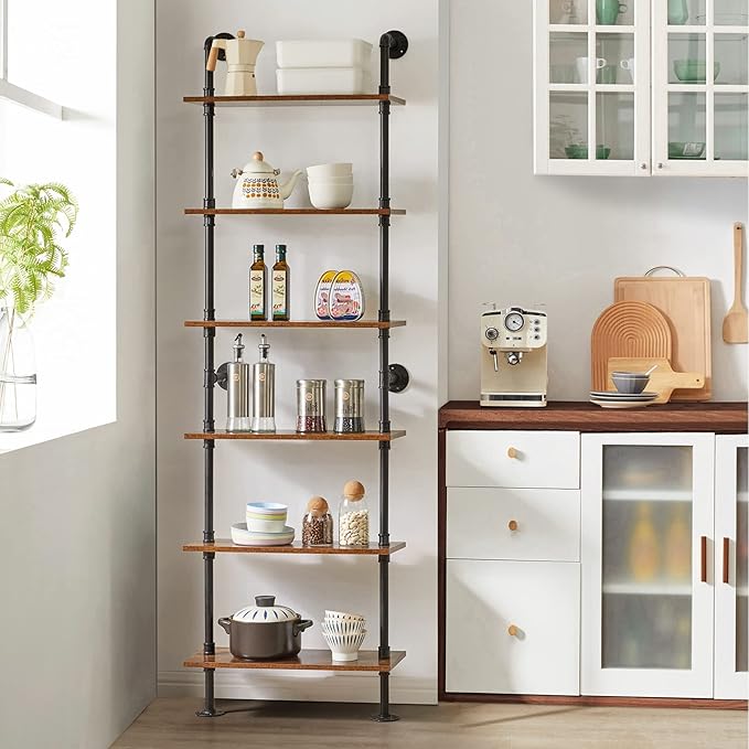 YMYNY Industrial Pipe Ladder Shelf, 6-Tier Wall Mounted Bookcase with Metal Frame, 78.7