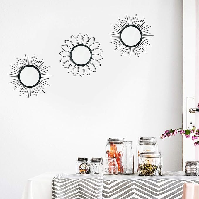 3 Pack Metal Mirrors for Wall Sunburst Wall Mirrors Home Décor Decorative Hanging Wall Art for Living Room Bedroom Entryway (Black, Flower+Sunburst)