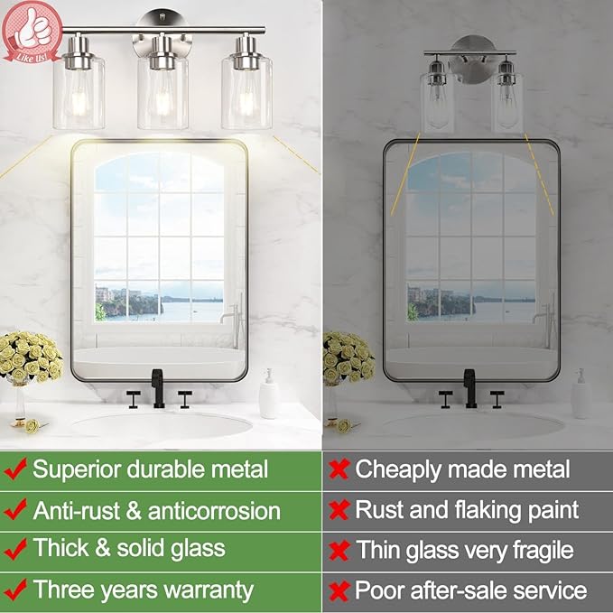 3-Light Bathroom Light Fixtures, Brushed Nickel Vanity Light, Farmhouse Wall Lights with Clear Glass Shade, Bathroom Wall Lamp for Mirror Kitchen Bedroom Hallway Living Room Hallway Cabinet