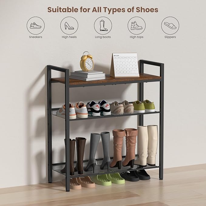 4 Tier Shoe Rack for Entryway, Metal Shoe Rack Heavy Duty with Wooden Top & Adjustable Mesh Shelves, Shoe Storage Organizer for Front Door Entrance/Closet/Bedroom/Dorm/Garage