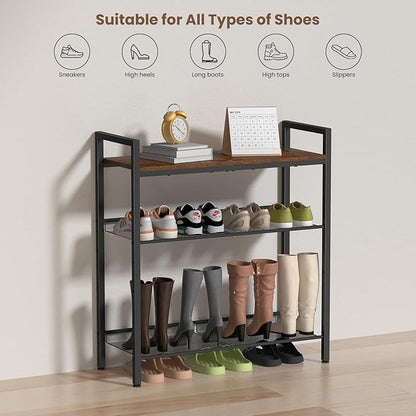 4 Tier Shoe Rack for Entryway, Metal Shoe Rack Heavy Duty with Wooden Top & Adjustable Mesh Shelves, Shoe Storage Organizer for Front Door Entrance/Closet/Bedroom/Dorm/Garage