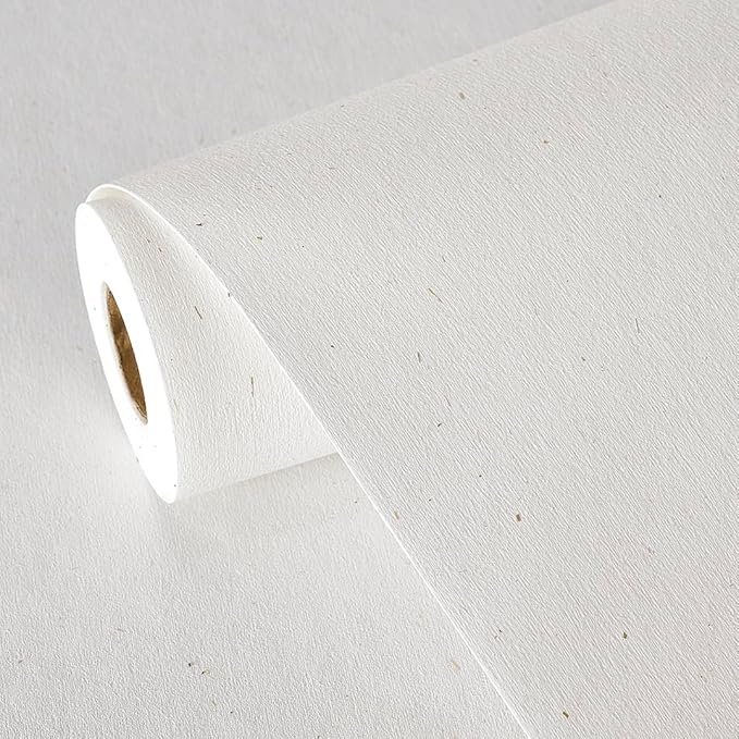 Matte White Grasscloth Textured Wallpaper Natural&Neutral&Handmade Style Thick Peel and Stick Removable for Bedroom,Office,Cabinet(16.5”x236.2”) (Herbaceous Plant&Gold Powder) M11