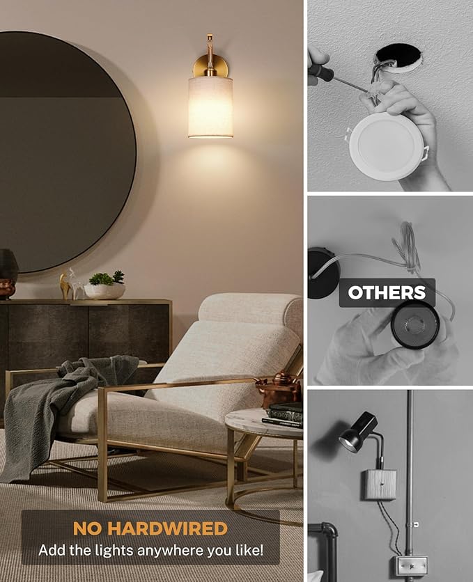 Battery Operated Wall Sconce Set of Two, Pleated Fabric Rechargeable Wireless Wall Sconces with 13000mAh Bulb & Dimmable, Battery Sconces Wall Light Decor Set of 2 for Living Room, Gold