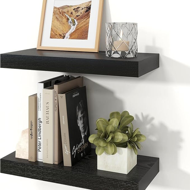 Floating Shelves for Wall, 7.9" Deep Wall Mounted Wood Shelves for Bathroom, Bedroom, Living Room, Kitchen, Hanging Shelf for Books/Storage/Room Decor (Black, 16")