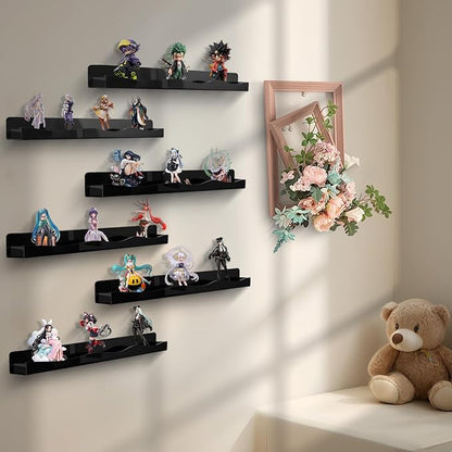 6 Pack Black Nail Polish Wall Rack 15 Inch Acrylic Floating Display Shelves with Anti-slip End Guards for Tattoo Ink Essential Oils Figurine Display Spice Rack Kids Bookshelf for Salons Retailers Home