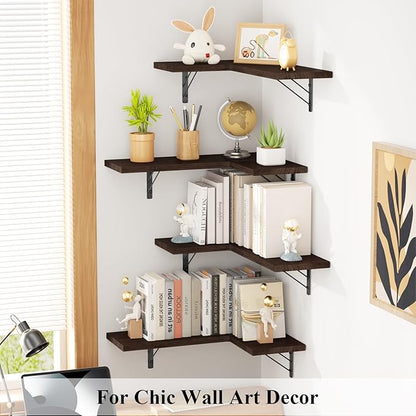 Love-KANKEI Corner Shelf Wall Mounted Set of 4, Floating Wall Shelves for Storage, Rustic Wood Hanging Shelves for Bathroom Kitchen Bedroom Living Room Display, Dark Brown