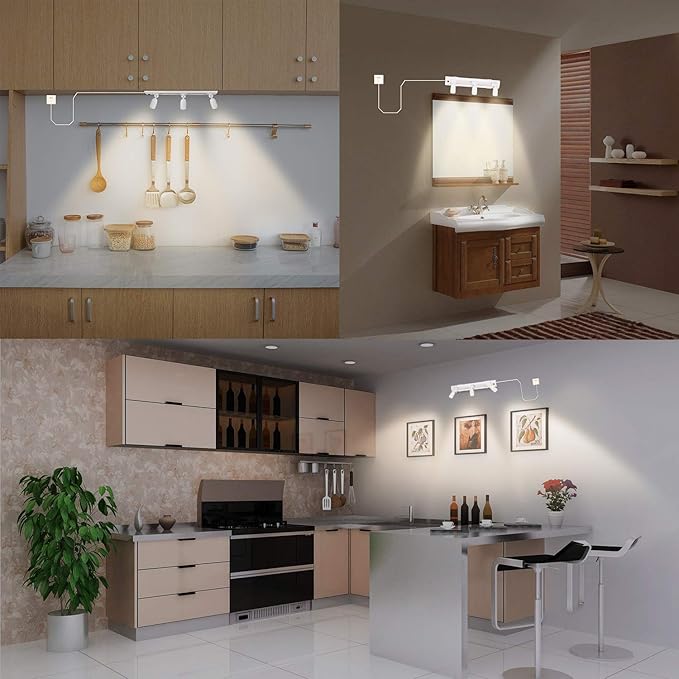 HONWELL Track Lighting LED Spotlights with 3 Rotatable Lights Heads, Under Cabinet Counter Lighting Plug in Accent Lights Remote Controlled Ceiling Track Light for Wall Picture Artwork Display