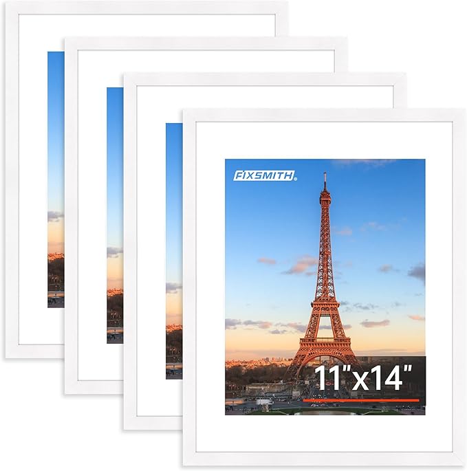 FIXSMITH 11x14 Picture Frame Bulk-4 Pack, Photo Frame with HD Plexiglass, Display Pictures 8x10 with Mat or 11x14 Without Mat, White Picture Frames Collage Wall Decor, Gallery Wall Frame