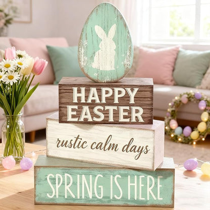 Easter Decorations - Happy Easter Bunny Egg Tiered Tray Decor - Wooden Easter Tabletop Sign - Rustic Farmhouse Spring Home Decor Indoor for Tiered Tray Shelf Mantel Entryway Coffee Table