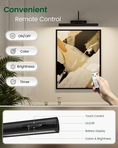 Bridika Picture Light Battery Operated, 13.8in Picture Lights for Wall, 3 Colors & Brightness Dimmable, Rechargeable Art Light for Paintings Photo Dartboard Gallery Bedroom Bathroom Black