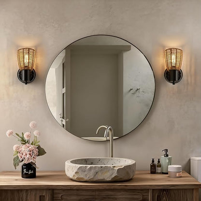 Boho Rattan Wall Sconces Set of 2 - Vanity Lights for Bathroom Farmhouse Wall Light Fixtures with Rotary Switch - Black Indoor Wall Mount Lighting Rustic Lamp for Bedroom Living Room Hallway