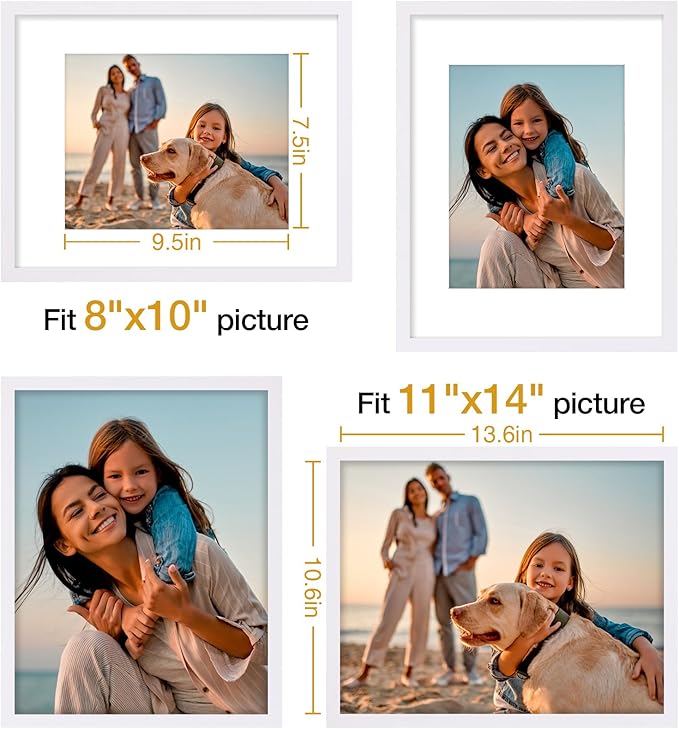 Vittanly 11x14 Picture Frame Set of 4, Display Pictures 8x10 with Mat or 11x14 without Mat, Gallery Wall Frame Set for Wall or Tabletop Display, White