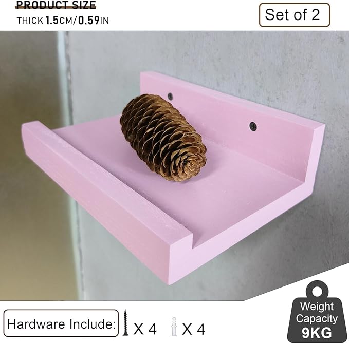 Z metnal Small Floating Shelves, Natural Wooden Display Wall Shelf for Picture Ledge, Nursery Floating Shelves, Wall Mounted, 8 x 5.5 inch, Pink, 2 Pcs
