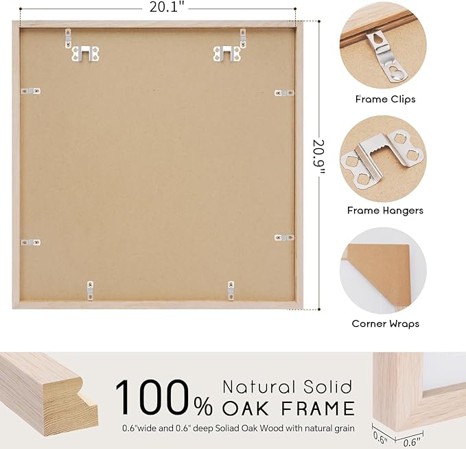puthiac 20x20 Solid Oak Wood Picture Frame, Fits 16x16 with Mat or 20x20 Without Mat, Wall Display Only, Plexi Front, 3 Pack, Natural Oak