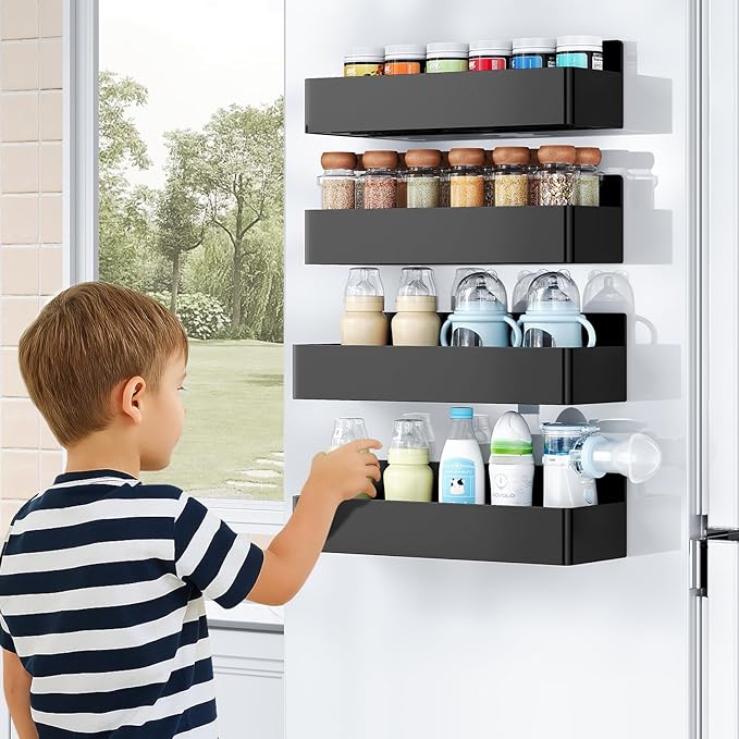 Magnetic Spice Rack for Refrigerator, Kitchen Organizer and Storage Shelf, Black (2 Pack)…