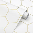 Hexagonal Wallpaper Geometric Peel and Stick Wallpaper 17.3”×472”Gold and White Contact Paper Decorative Shelf Drawer Liner Roll Waterproof