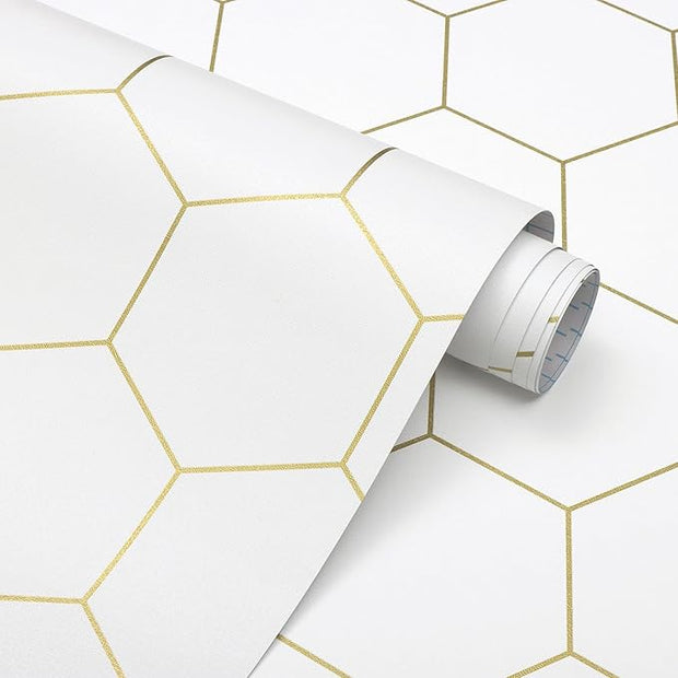 Peel and Stick Wallpaper Gold Geometric White Hexagon Wallpaper Contact Paper 17.3”×78.7”Self Adhesive Wallpapers Removable for Bedroom Decorative Shelf Drawer Liner Roll Waterproof