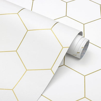 Hexagonal Wallpaper Geometric Peel and Stick Wallpaper 17.3”×393”Gold and White Contact Paper Decorative Shelf Drawer Liner Roll Waterproof