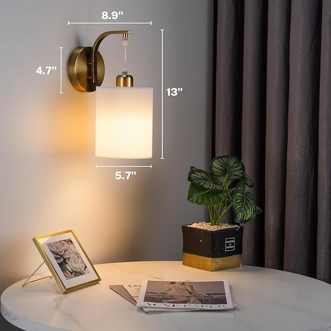 Battery Operated Wall Sconce Set of Two, Pleated Fabric Rechargeable Wireless Wall Sconces with 13000mAh Bulb & Dimmable, Battery Sconces Wall Light Decor Set of 2 for Living Room, Gold