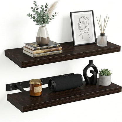 INHABIT UNION 31.5in Floating Shelves for Wall, Wall Mounted Shelves for Decor Storage Set of 2, Floating Shelf for Bedroom, Bathroom, Living Room and Kitchen（Dark Walnut）