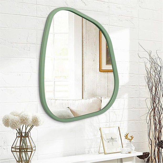 Asymmetrical Mirror for Wall Irregular Accent Wood Frame Modern Unique Wall Mirror Decorative Vanity Bathroom Living Room Bedroom Entryway Hallway Artistic Wavy Mirror Large 26"x18"