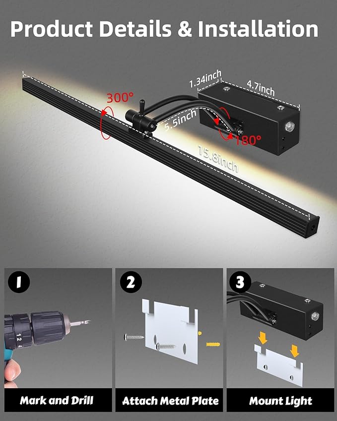 2 Pack Rechargeable Picture Light, 5200mAh Black Battery Operated Picture Lights for Wall with Remote Control, 300LM 3000K Warm White Light 16" Metal Dimmable Picture Light for Painting & Artwork