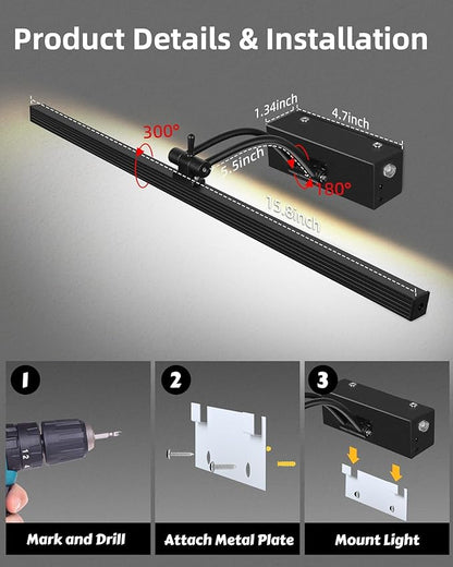 2 Pack Rechargeable Picture Light, 5200mAh Black Battery Operated Picture Lights for Wall with Remote Control, 300LM 3000K Warm White Light 16" Metal Dimmable Picture Light for Painting & Artwork