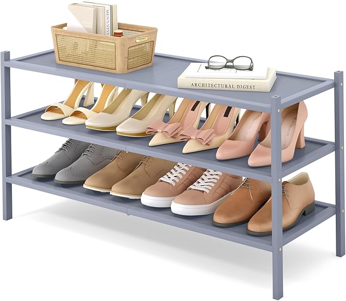 Smiry Bamboo Long Shoe Rack, 3 Tier Shoe Organizer for Entryway & Closet, Stackable Free Standing Storage Shelf for Shoes, Bags & Plants, Grey