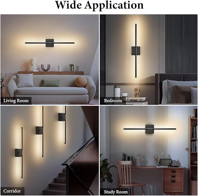 Wall Sconces Set of 2 Battery Operated, Wireless USB 8000mAh Rechargeable Wall Lights with Remote Control,3000K-6000K LED Dimmable Decor Lamp for Living Room,Bedroom,Hallway (27in Black)