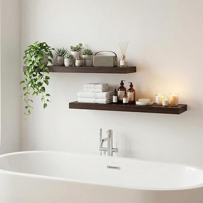 INHABIT UNION 31.5in Floating Shelves for Wall, Wall Mounted Shelves for Decor Storage Set of 2, Floating Shelf for Bedroom, Bathroom, Living Room and Kitchen（Dark Walnut）