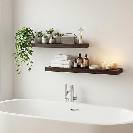 INHABIT UNION 31.5in Floating Shelves for Wall, Wall Mounted Shelves for Decor Storage Set of 2, Floating Shelf for Bedroom, Bathroom, Living Room and Kitchen（Dark Walnut）